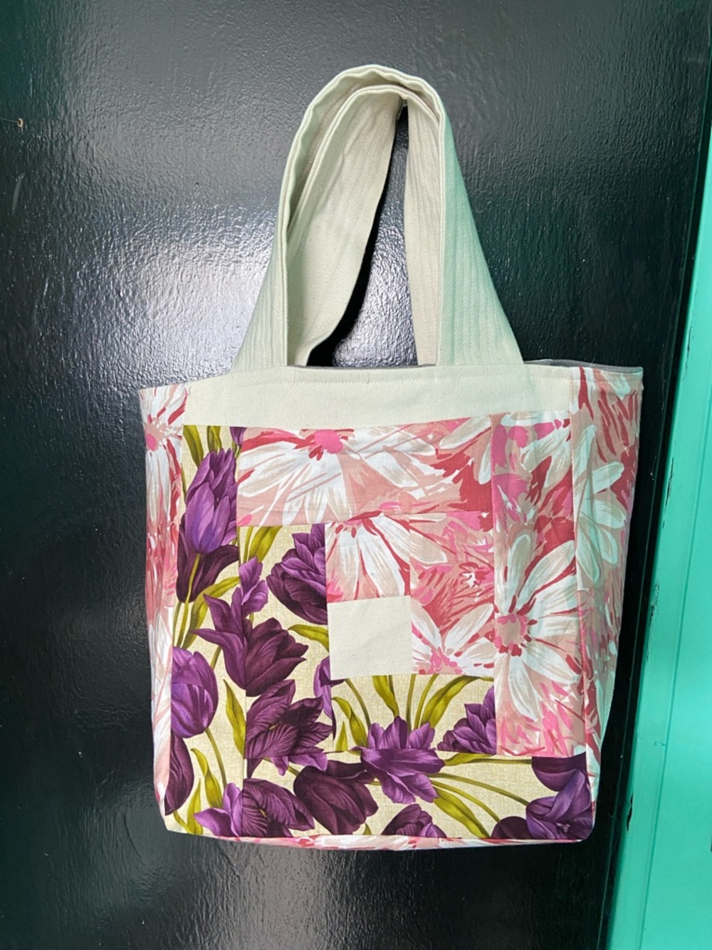 Floral Patchwork Canvas Tote Bag in Purple and Pink